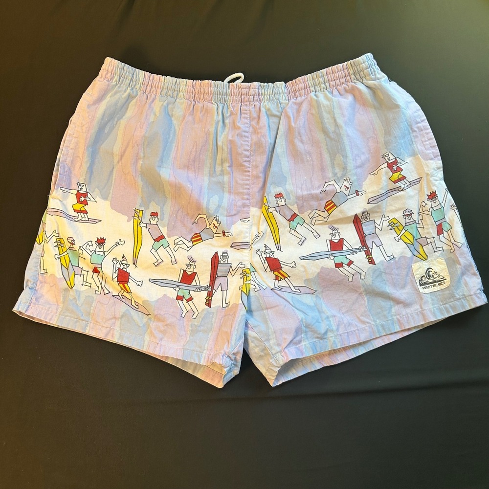 vintage white caps small surfer board short cotton swim trunk elastic drawstring
